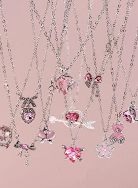 Delicate Y2k Crystal Pink Zircon Heart Necklace for Women Gi