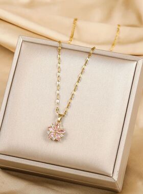New Cute Romantic Pink Sakura Pendant Stainless Steel Neckla