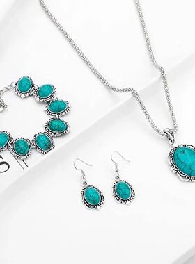 3pcs Women's Vintage Turquoise Bracelet Necklace Earrings Se
