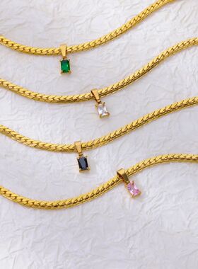 Square Zircon Pendant Necklaces Stainless Steel Necklace for