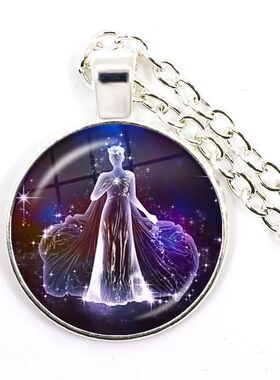 12 Zodiac Signs Glass Cabochon Constellations Pendant Neckla