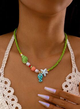 Bohemian Colorful Blue Pink Ceramic Fish Pendant Striped Bea