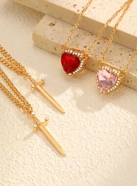 2pcs Can Be Assembled Heart and Sword Zircon Pendant Necklac