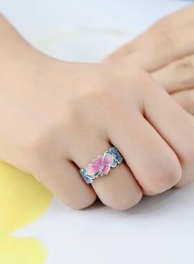 Luxury Pink Blue Enamel Butterfly Fashion Silver Wedding Rin