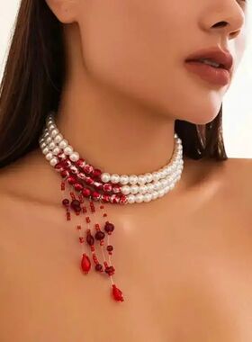 Multilayer Vintage Red Blood Pattern Imitation Pearl Tassel