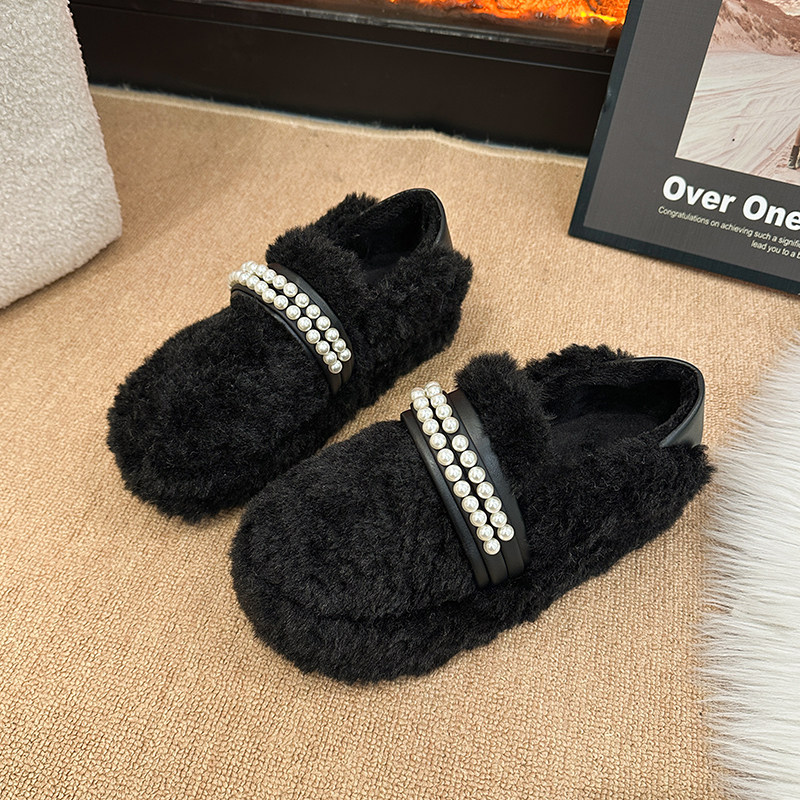 法式珍珠厚底毛毛鞋女鞋子外穿2026秋冬新款加绒棉鞋仙女风豆豆鞋,淘宝优惠券,粉丝福利购,淘宝优惠卷