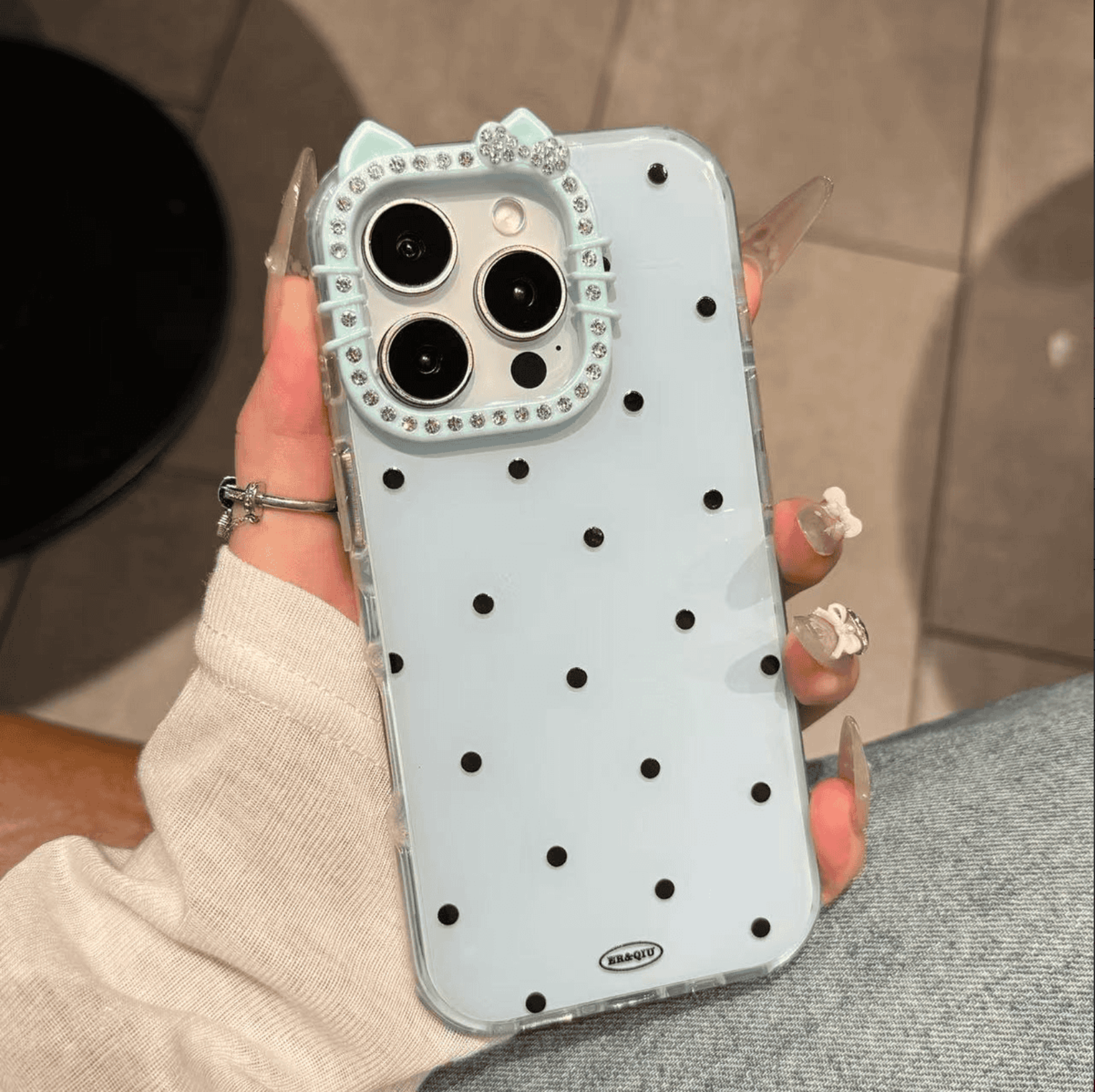 少女心ins风粉色波点闪钻KT猫耳镜头适用于iPhone17promax苹果16手机壳15Pro新11高级12带钻13防摔14plus镶钻 - 图0