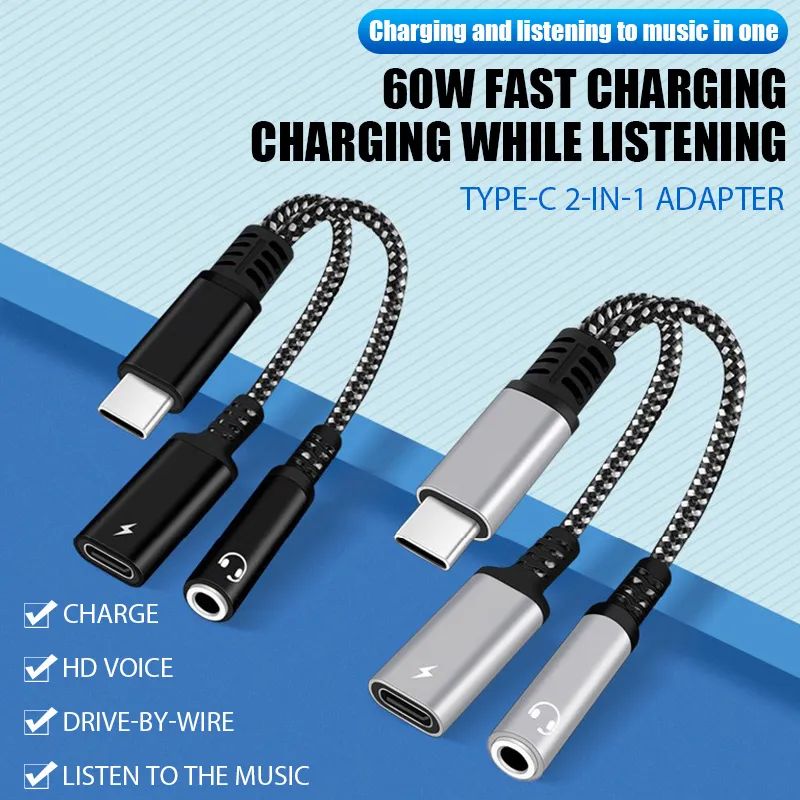 2in1 USB C To 3.5mm Headphone Jack Adapter Type C PD 60W Cha - 图1