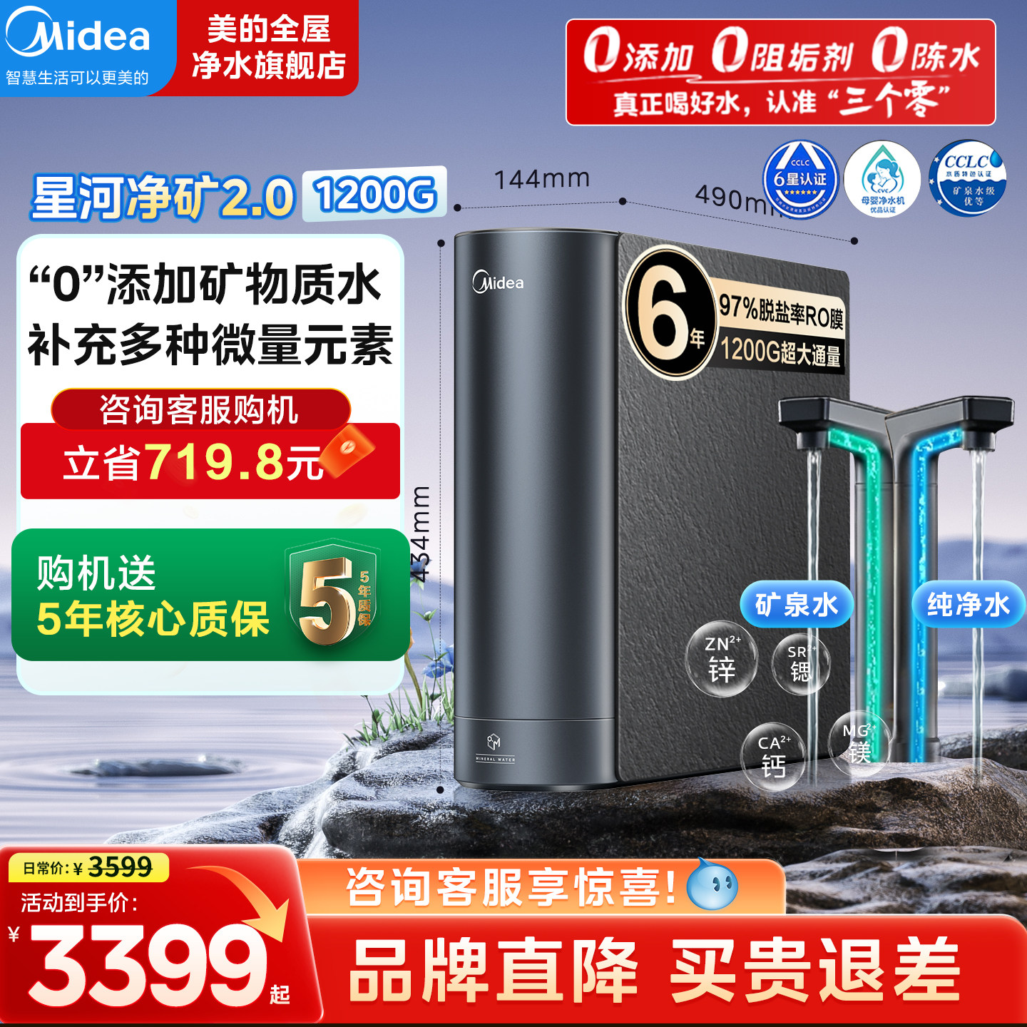 美的星河2.0净水器1200G家用净矿反渗透RO膜鲜矿水管线套装直饮机