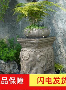 户外中式庭院花园布置装饰仿石墩子造景摆件大象实木花架花盆底座