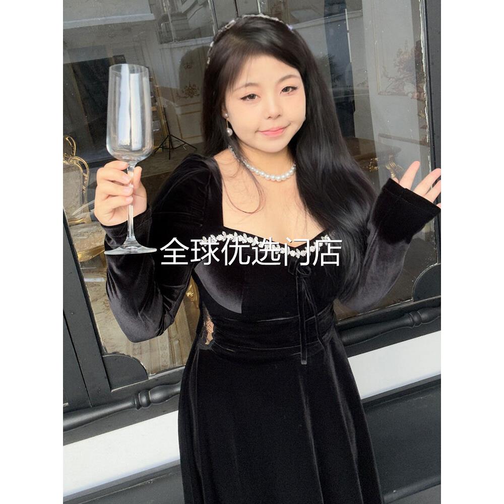 【年会礼服】法式复古黑丝绒收腰连衣长裙女秋冬手工钉钻小黑裙