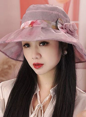赫本风欧根纱渔夫帽女中老年妈妈立体花朵盆帽夏季遮阳帽子防晒帽