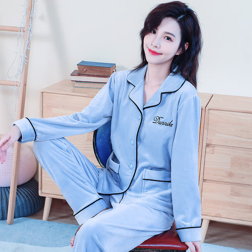 海岛绒睡衣女士秋冬季长袖大码开衫薄款珊瑚绒可外穿家居服两件套 - 图0