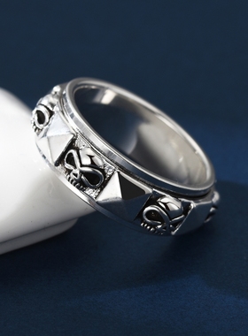 S999纯银骷颅头造型纯银可转动复古旋转闭口解压个性潮转运创意戒