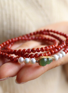 天然满肉柿子红南红多圈手串搭配天然淡水珍珠款4mm南红玛瑙手链