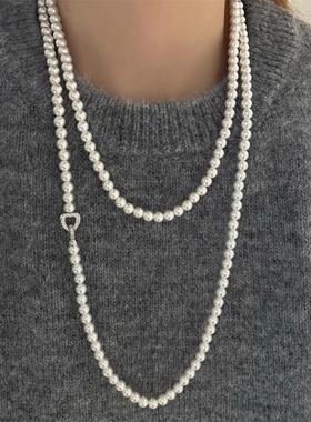 长款双层轻奢灰色珍珠项链女2024新款爆款爱心扣毛衣链高级感项链