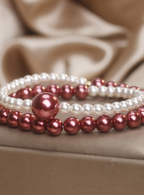 红色珍珠双层叠戴双圈珍珠手链