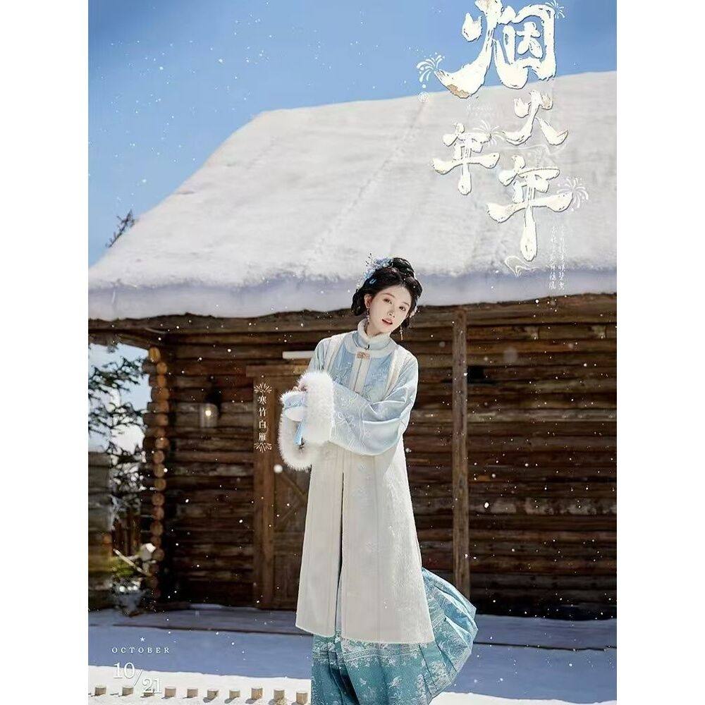 日常可穿明制汉服七月夕原创汉服 寒竹白雁 立领对襟长衫长比甲马,淘宝优惠券,粉丝福利购,淘宝优惠卷