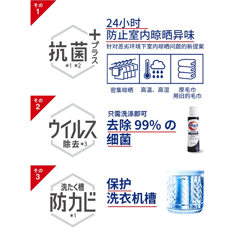 日本花王Attack洗衣液zero抗菌消臭浓缩型强效去污滚筒波轮洗衣机