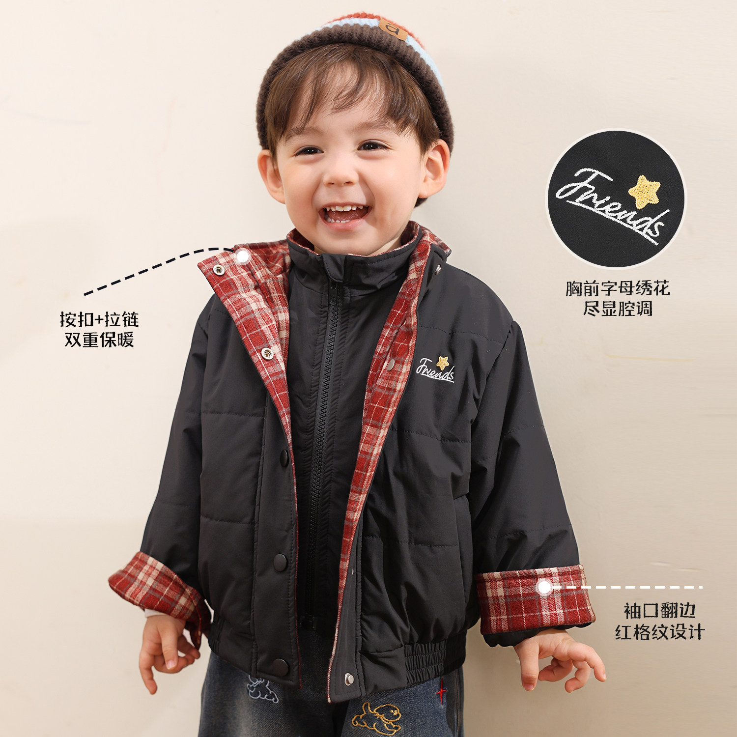 小O爸男婴童 宝宝夹棉外套2025新款婴儿红格纹派克风保暖棉服,淘宝优惠券,粉丝福利购,淘宝优惠卷