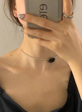 韩国东大门新款小众串珠玫瑰花项链女山茶花小香风串珠锁骨链颈链
