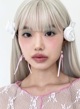 韩国小众ins少女缎带蝴蝶结爱心吊坠耳环 粉白丝带珍珠耳坠耳饰