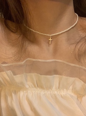温柔仙气 珍珠项链女轻奢小众镶钻十字架吊坠锁骨链女简约气质夏