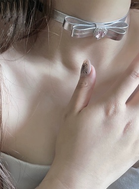 手工自制pu皮银色立体领结颈链粉色爱心闪钻皮质choker蝴蝶结项链