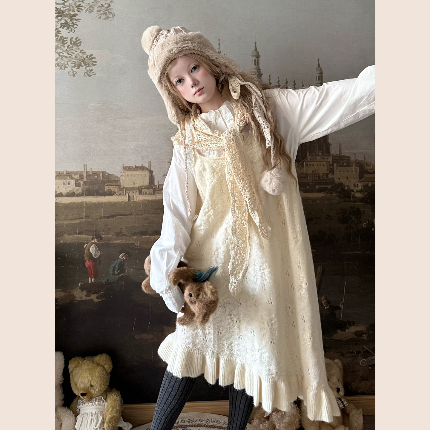 Labeau-秋日-甜美软糯叠穿针织吊带裙女秋不对称下摆镂空提花罩裙 - 图0