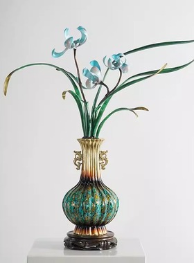 新中式黄铜兰花摆件玄关客厅书房茶室装饰复古轻奢花瓶禅意工艺品