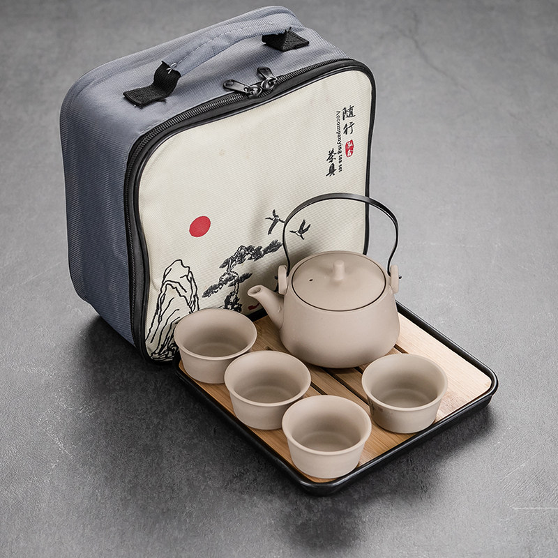 粗陶日式旅行功夫茶具家用茶盘一壶四杯简约过滤茶壶便携包小套装,淘宝优惠券,粉丝福利购,淘宝优惠卷