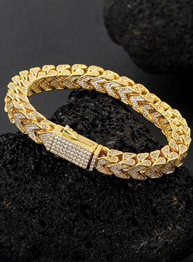 欧美新款嘻哈手链男8mmV形链前后链4面锆石正反两面花纹男士手链