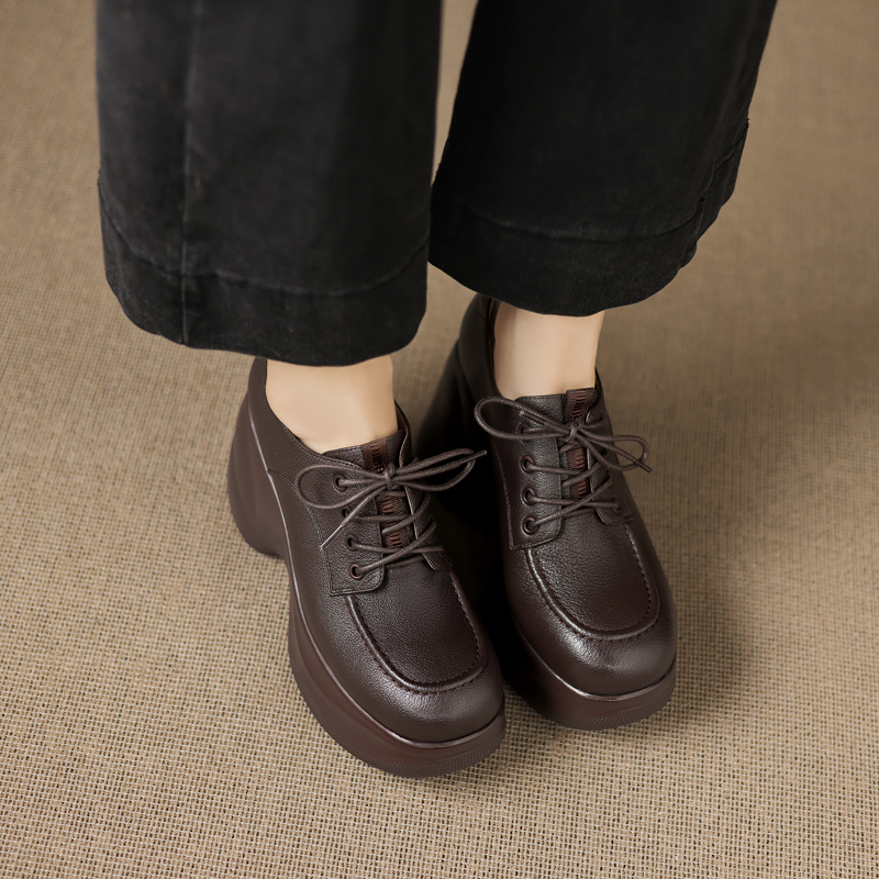 9cm头层羊皮深口单鞋欧美风厚底女鞋系带小皮鞋高跟小个子增高鞋 - 图0