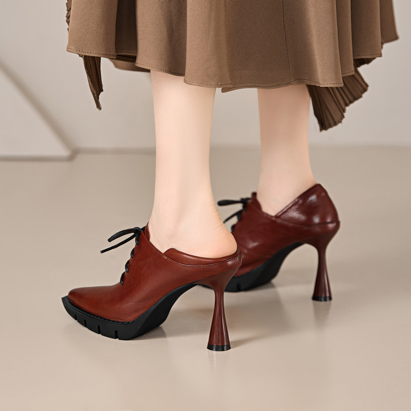 8.9cm头层牛皮深口单鞋女欧美风尖头系带时尚百搭皮鞋显瘦高跟鞋,淘宝优惠券,粉丝福利购,淘宝优惠卷