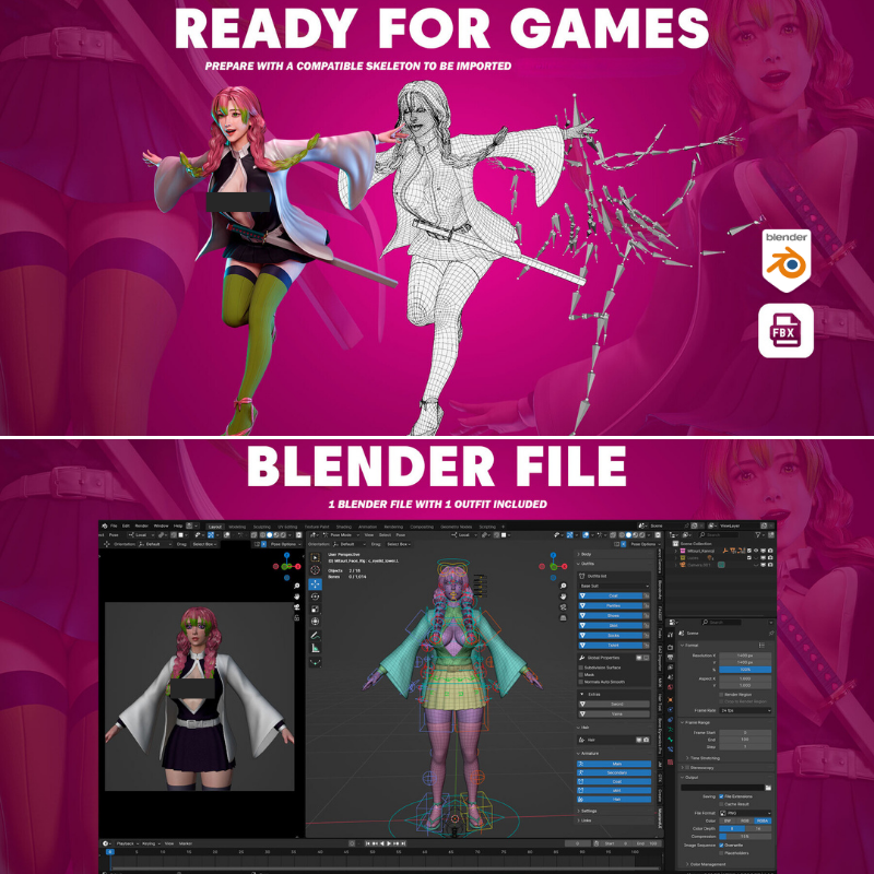 Blender模型 鬼灭之刃甘露寺蜜璃高质量人物3D模型素材带骨骼绑定