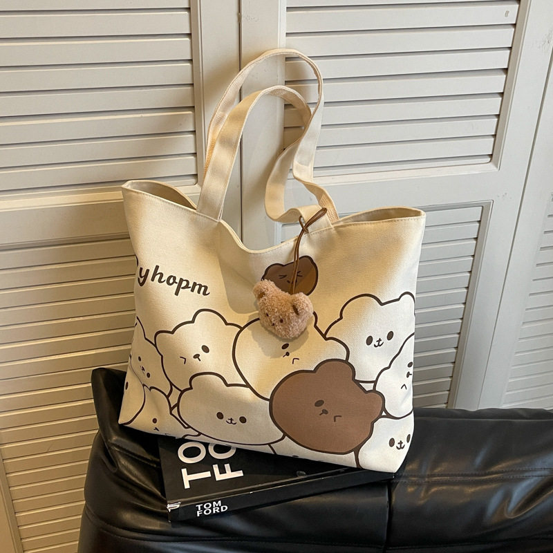 可爱小熊帆布包休闲大容量包包女2025新款学生上课通勤单肩托特包,淘宝优惠券,粉丝福利购,淘宝优惠卷