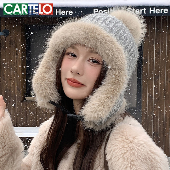 Cardile crocodile plush Lei Feng hat women's winter big head circumference showing face small thickened cycling cold-proof ear protection woolen hat