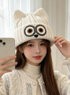 卡通可爱猫耳针织帽女秋冬保暖大头围显脸小猫咪眼镜护耳毛线帽子