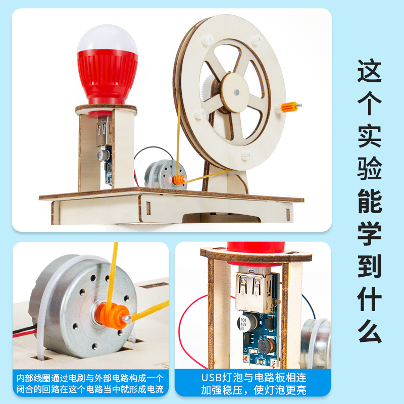 木质手摇发电机创意自制手工教具模型diy小发明家科学小实验套装 - 图2