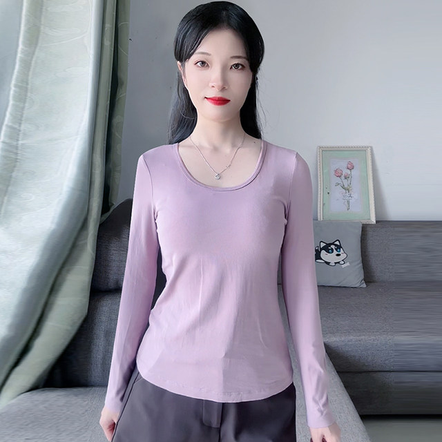 Purple round neck pure cotton slim fit long sleeves