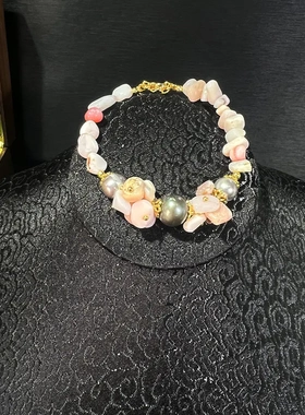 波西米亚巴洛克珍珠贝壳珍珠彩色碎石ins项链女天然石项链夏季饰