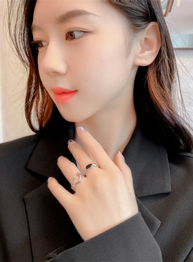 情侣对戒指女小众设计几何爱心戒指情侣黑色开口戒指小众食指指环