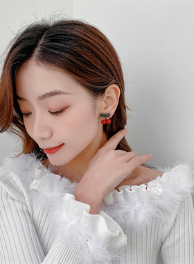 s925银针红色创意樱桃蝴蝶结耳饰耳环韩国甜美可爱少女风小众耳钉