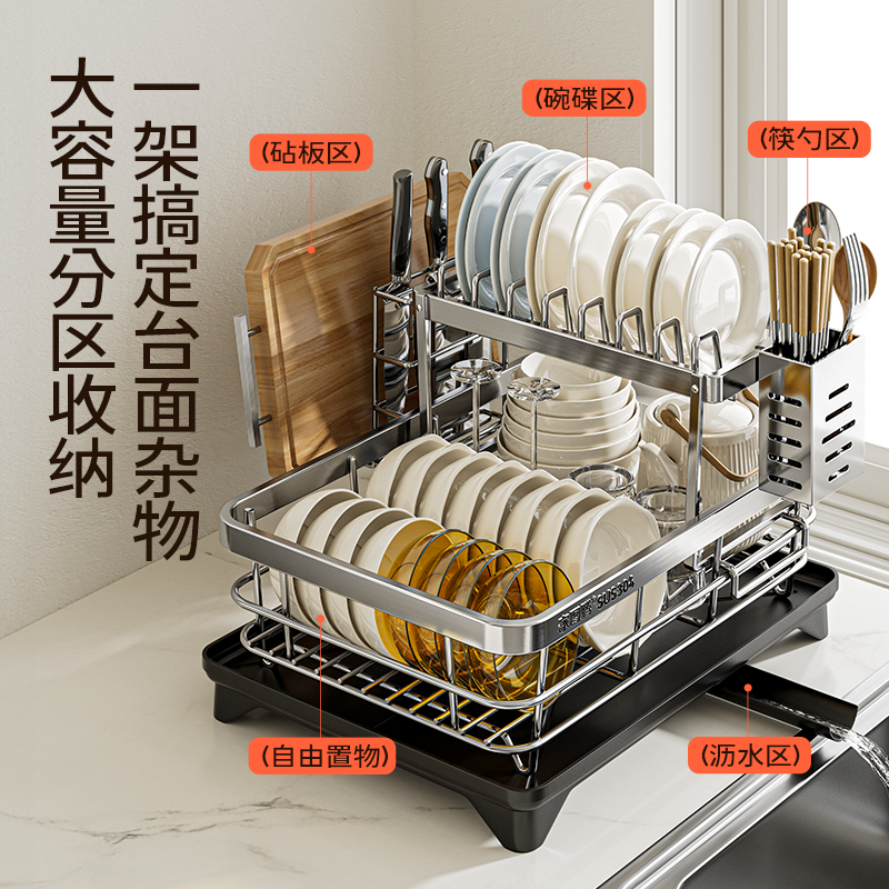碗碟收纳架沥水篮碗架碗盘碗筷放碗盘子双层新款不锈钢厨房置物架