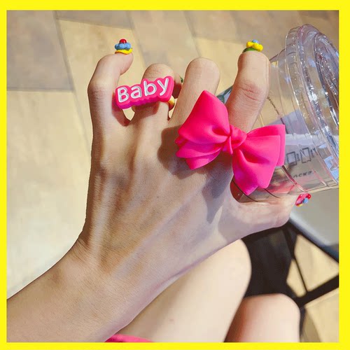 韩国精致夸张大蝴蝶结卡通绿色戒指字母女 - 图1