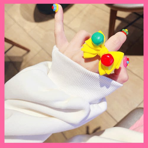 韩国精致夸张大蝴蝶结卡通绿色戒指字母女 - 图0