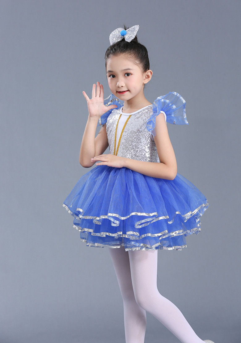 六一儿童节女孩表演服装白色公主裙亮片蓬蓬纱裙现代舞蹈演出裙子 - 图2