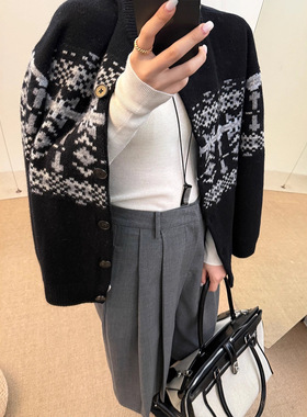 费尔岛提花纯羊毛毛衣女秋冬外套26新款女装韩系加厚中长针织开衫