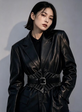 小众设计感鱼骨腰封 黑白撞色明线镂空宽腰带 西装大衣塑形配饰