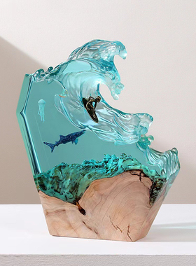家居装饰水母鲸鱼办公室桌面艺术海洋冲浪礼品实木树脂夜灯摆件